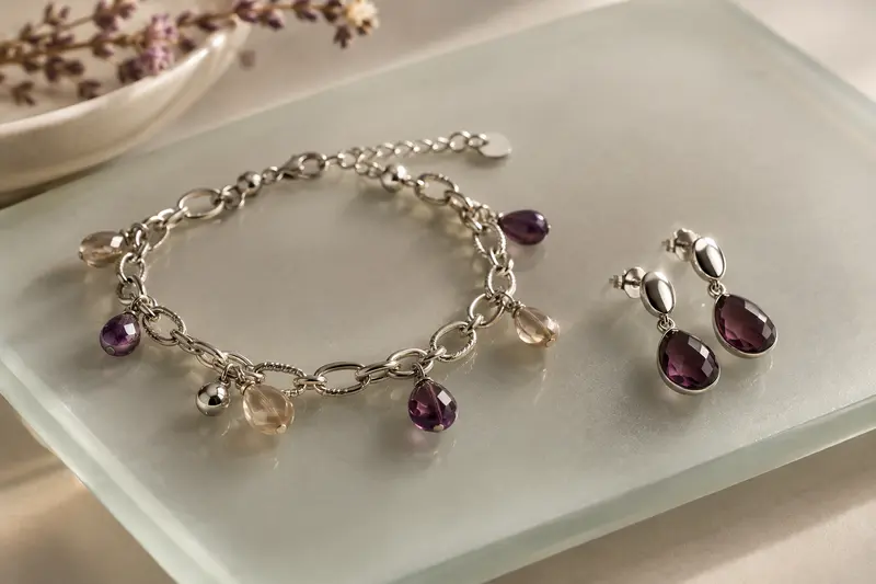 Bracelet chaîne et boucles d’oreilles en acier présentés dans une composition éditoriale