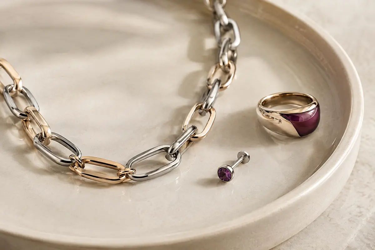 Collier, bague et bijou de piercing en acier présentés sur un plateau clair